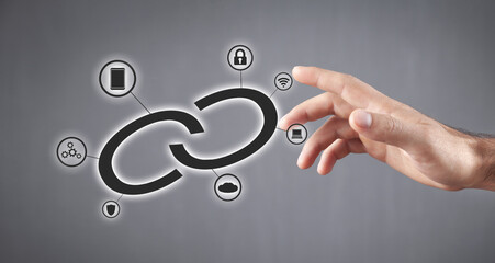 Human with a web link and icons. Internet. Technology