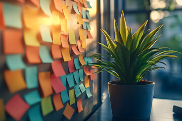 A creative arrangement of colorful sticky notes on a wall, with soft sunlight casting shadows, beside a potted flower plant in the daylight scene.