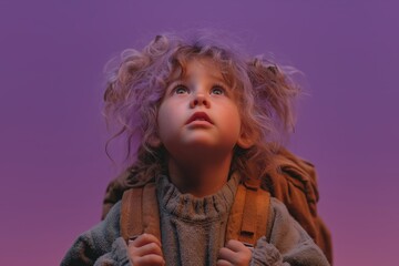 Fototapeta premium Child Looks Upward In Awe, Wrapped In Soft Lavender Glow And Curiosity