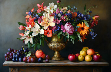 Vintage floral still life composition in Dutch Masters style. Bouquet of colorful flowers in antique golden vase. Fruits on wooden table. Oil painting style, fine art, for interior decoration.