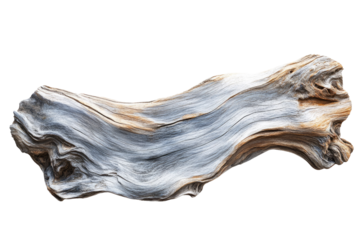 A weathered, curved piece of driftwood with gray and brown tones, isolated on a transparent background. background removed