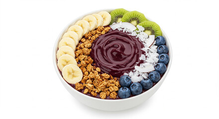 Fototapeta premium Açaí smoothie bowl with granola, banana slices, and assorted toppings, isolated on white background