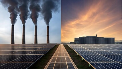 Green Procurement concept. Industrial contrast showing pollution from smokestacks on one side and clean energy from solar panels on the other.