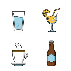 Set of popular classic cocktails. Different alcoholic drinks in various glasses. Summer aperitif garnished with lime twist, orange slice and cherry. Vector illustration of soft and alcohol beverages.
