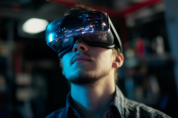 Young man using advanced VR glasses in immersive high tech environment, future experience, generative ai