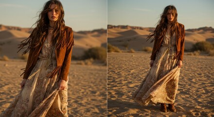 Woman walking in desert landscape