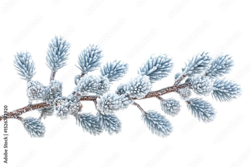 Poster Frost-covered pine branch with needles and cones, isolated on a transparent background. background removed