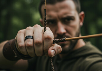 Precision in Focus : The Archer's Moment - Macro shot of archer drawing bowstring, focusing on arrowhead, leather bracer, and intense moment before release.