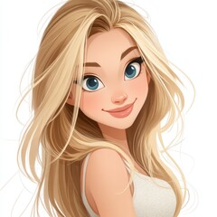 Captivating cartoon illustration of a joyful pregnant woman with blonde hair, blue eyes, and a charming expression in a whimsical style