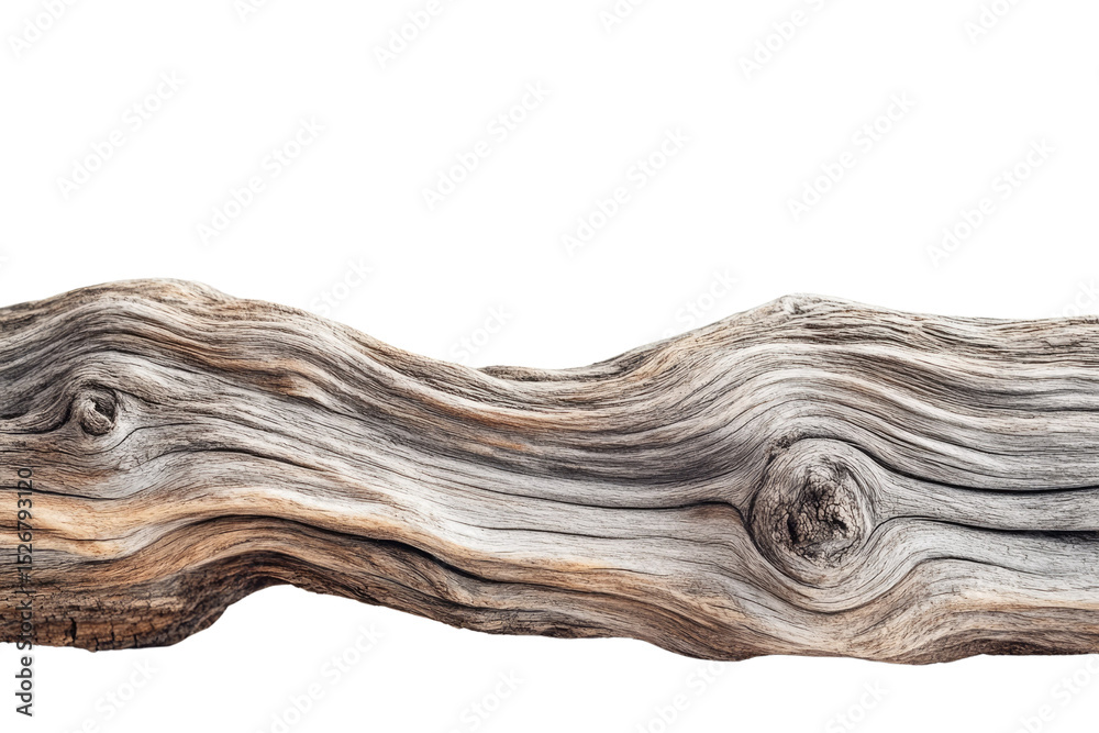 Poster a weathered, curved piece of driftwood with intricate grain patterns and knots, isolated on a transp