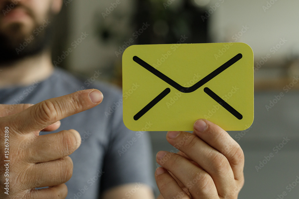 Aufkleber close-up of a man's hands holding and pointing at a yellow card with an email icon. concept for comm