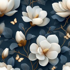 Elegant white magnolia flowers and graceful butterflies on a dark blue background with luxurious gold accents for seamless wallpaper design