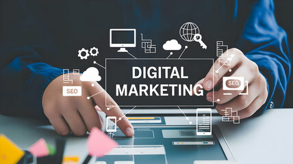 Person using digital marketing interface with seo icons and cloud computing graphics on a laptop screen