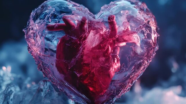 A red heart encased in ice forms the shape of another heart, symbolizing love and warmth
