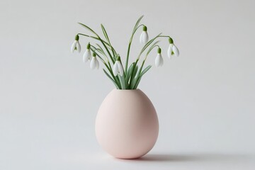 Elegant snowdrops in a pinkish oval vase on a minimalistic white backdrop create a serene and fresh atmosphere