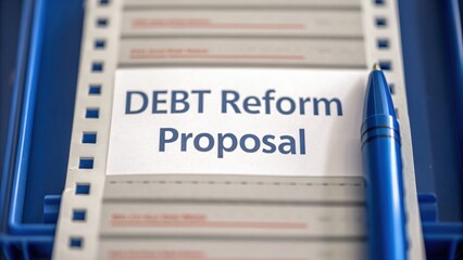 Public debt concept. Document showcasing a debt reform proposal with a blue pen resting on it,...