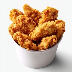 Crispy chicken tenders in a bucket invite indulgence with their golden-brown crunchy texture displayed perfectly against a white backdrop