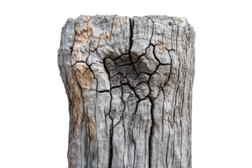 Close-up of a weathered, cracked, and aged tree stump with a star-shaped center. background removed