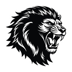 Roaring Lion Silhouette with Detailed Mane in Aggressive Stance on White Background ,ai generator
