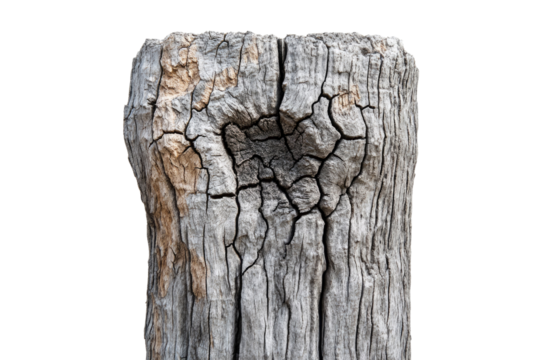 Close-up of a weathered, cracked, and aged tree stump with a star-shaped center. background removed
