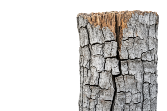 Close-up of a cracked and weathered tree stump against a transparent background. background removed