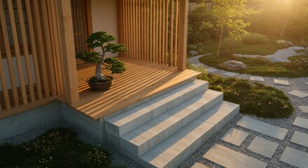 Wooden entryway steps with garden view