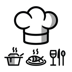  vector icons cooking food chef hat include a pizza slice, a sushi roll, spaghetti and meatballs, a curry bowl burger , fish