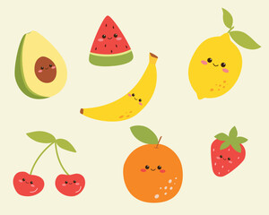 Cute Fruit Characters on isolated background. Vector illustration cartoon flat style