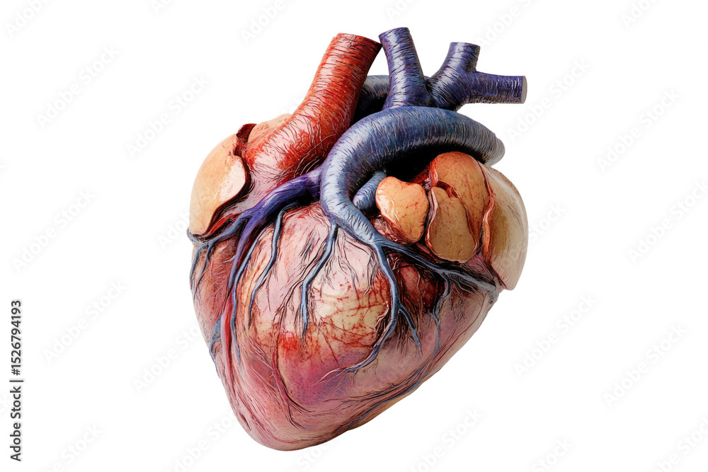 Poster detailed 3d rendering of a human heart showcasing its intricate structure and vessels. background re