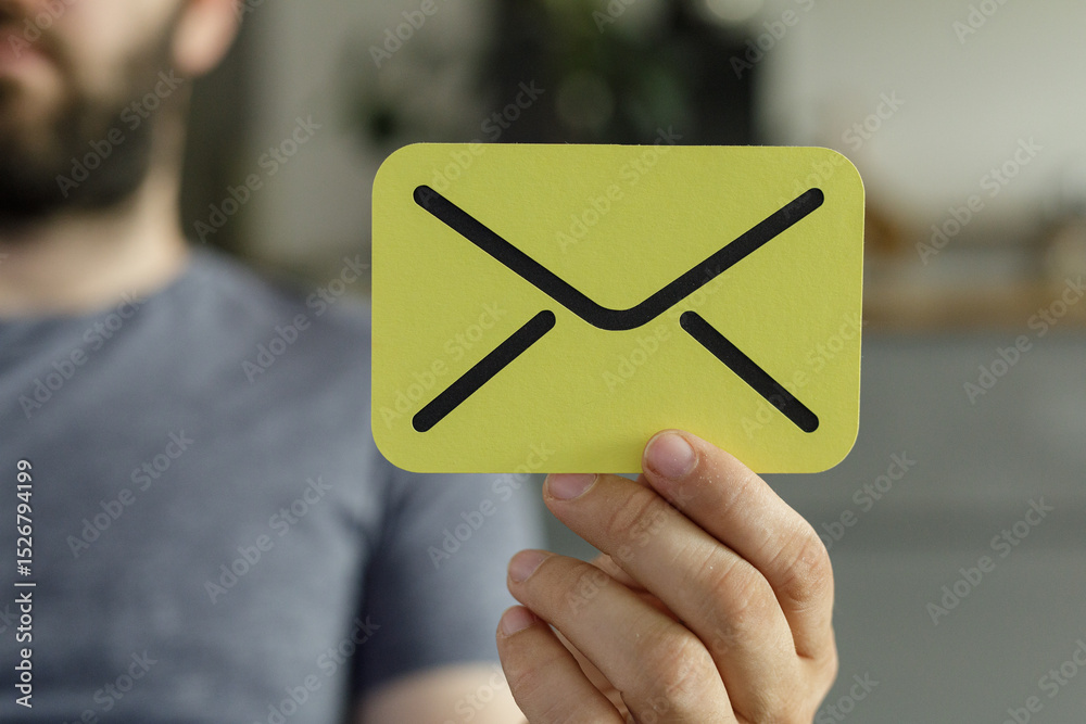 Poster close-up of a person holding a yellow card with an email icon. perfect for communication, contact, a