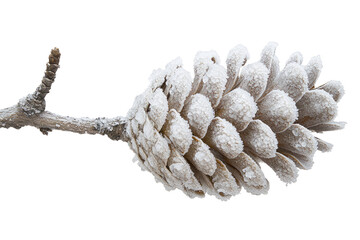 Frost-covered pine cone on a branch, winter scene. background removed