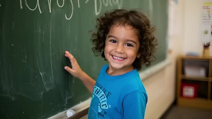 Child smiles in front of a chalkboard. - Powered by Adobe