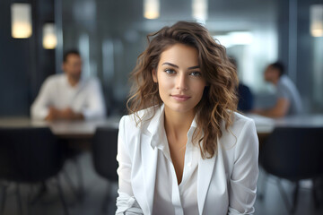Young woman in glasses works in modern office environment during the day with colleagues in the background