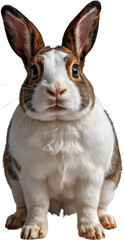 A rabbit in a close-up pose on a transparent background, showcasing detailed fur, expressive eyes, and large ears.