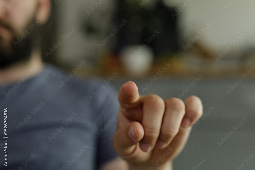 Poster close-up of a man's hand pointing at a screen. perfect for technology, innovation, and interaction c