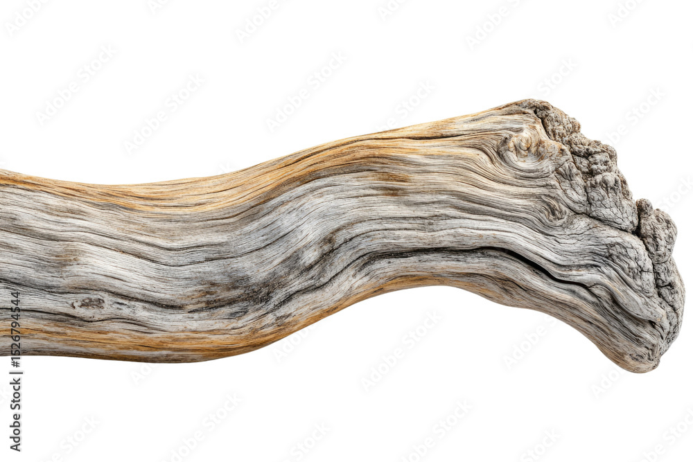 Poster a weathered, curved piece of driftwood with intricate grain patterns, isolated on a transparent back