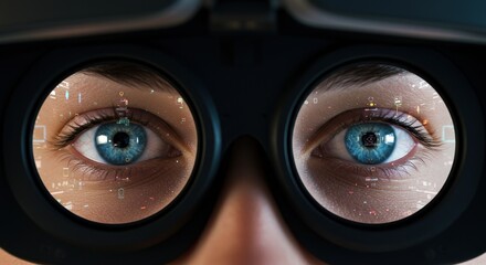 Closeup eyes view blue irises dark eyewear © cak