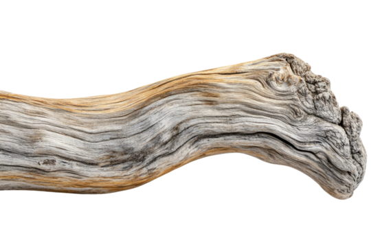 A weathered, curved piece of driftwood with intricate grain patterns, isolated on a transparent background. background removed