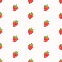 Cute Strawberry Seamless Vector Pattern. Strawberry Fruit with Faces. Pattern for Summer textile,wrapping paper,background,texture