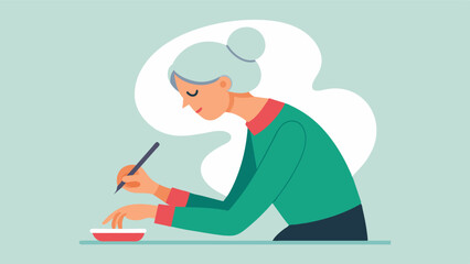 A woman with Parkinsons disease learning calligraphy practicing fine motor skills and handeye coordination to improve her handwriting and cognitive abilities.. Vector illustration