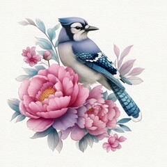 Blue jay perched among vibrant pink and pastel flowers in a beautifully detailed watercolor tattoo design