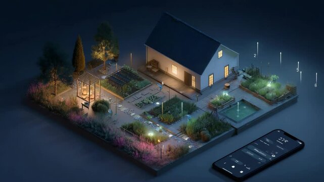 Nighttime garden with smart home controls