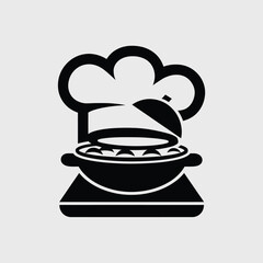  vector icons cooking food chef hat include a pizza slice, a sushi roll, spaghetti and meatballs, a curry bowl burger , fish