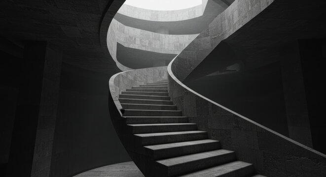 Descending staircase black and white photography