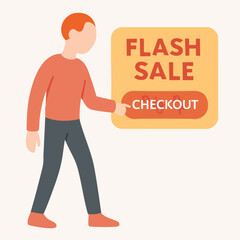 Flat Illustration of Man Pointing at Flash Sale Checkout Button