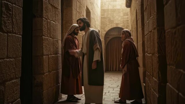 Apostles, biblical people walking on stone street in ancient city among inhabitants of Jerusalem. Biblical and religious scene in old city.