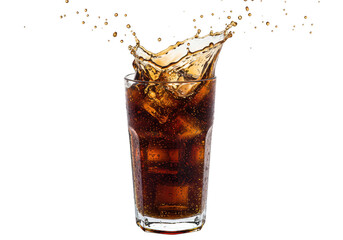 Cola drink with ice cubes splashing in a glass, isolated on transparent background