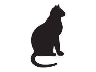 Vector isolated one single sitting cat side view colorless black and white outline silhouette shadow shape stencil solid black