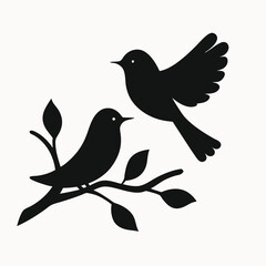 Fototapeta premium Elegant Black Silhouette of Two Birds on Branch Simple Nature Illustration