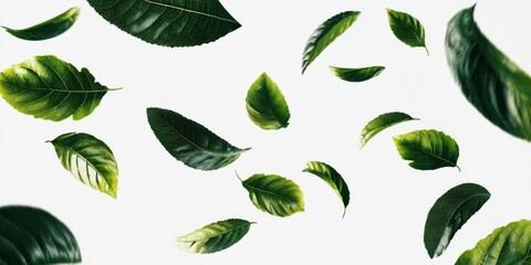 The graceful movement of green leaves floating in a serene white background.